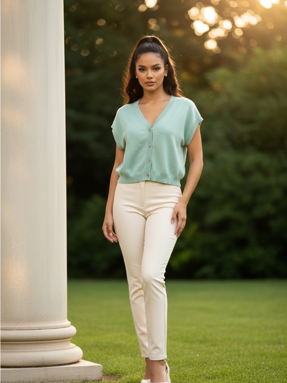 Short-Sleeve V-Neck Button Front Cardigan Sweater in Mint - Picture 2 of 6